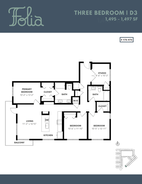 Floor plan for 3 beds, 2 baths, 1495 sqft